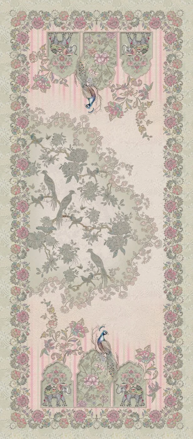 A richly layered dupatta pattern of birds, florals and elephants with lace-like borders.